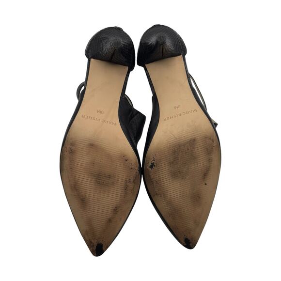 Marc Fisher Black Pointed Toe Heels Strappy Zip Back Stiletto Snake Embossed 8M - Picture 9 of 16